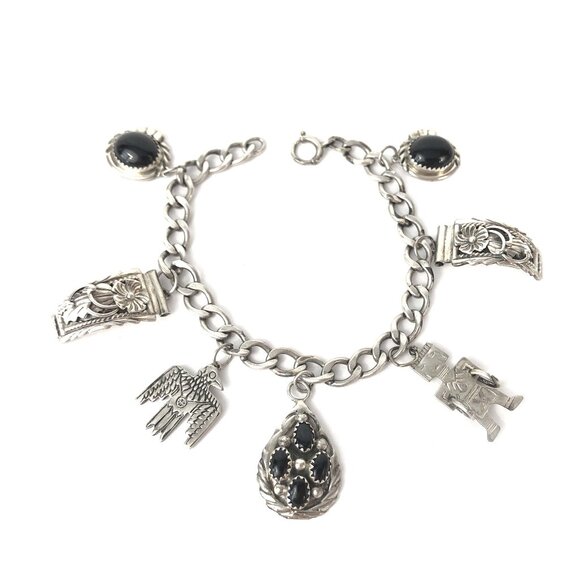 Native American Charm Bracelet 925 Sterling Silver Southwestern Vintage 7 1/8" - Picture 1 of 8